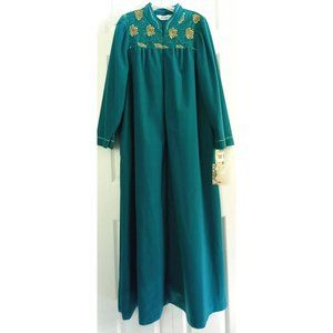 Vintage Green Velour Fleece House Coat Robe Floral Embroidery Medium Granny Core